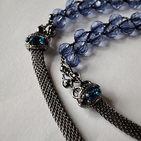 Blue Glass Gunmetal Mesh Extra Long Faceted Crystal Wire Chain Necklace EUC - Picture 5 of 8